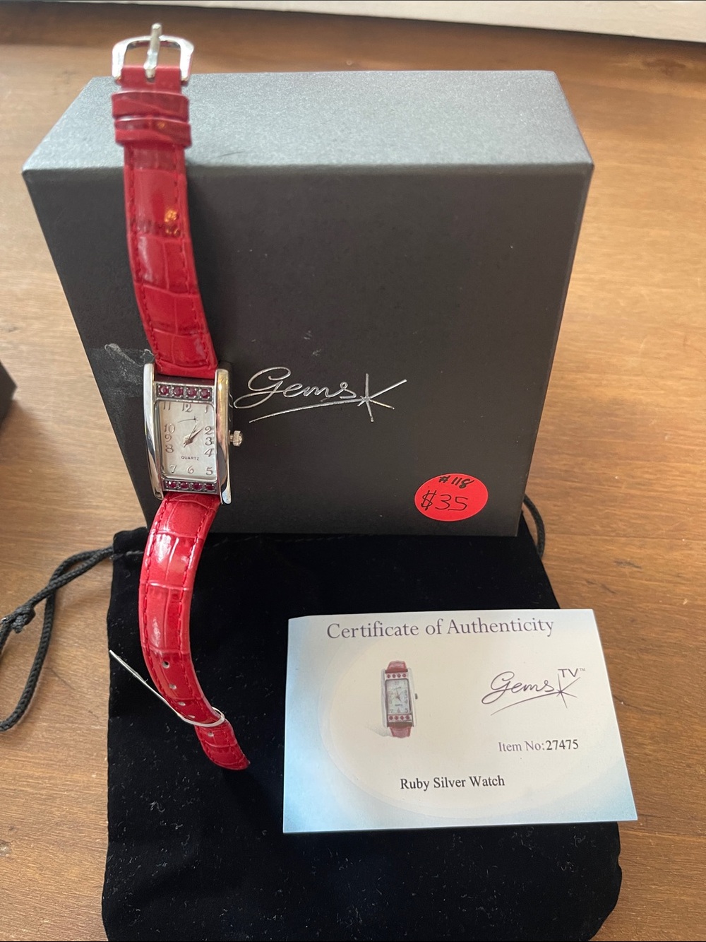 Gems Ruby Red Leather-Strap Silver watch